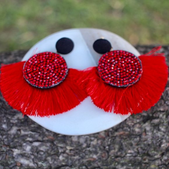 New Red Fringe Sparkle Statement Dangle Earrings - Picture 11 of 13